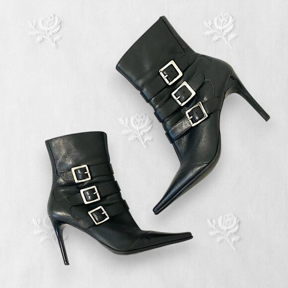 Bakers Helena Black Smooth Leather Pointy Toe Silver Buckle Stiletto Boots US 7 - Picture 1 of 8